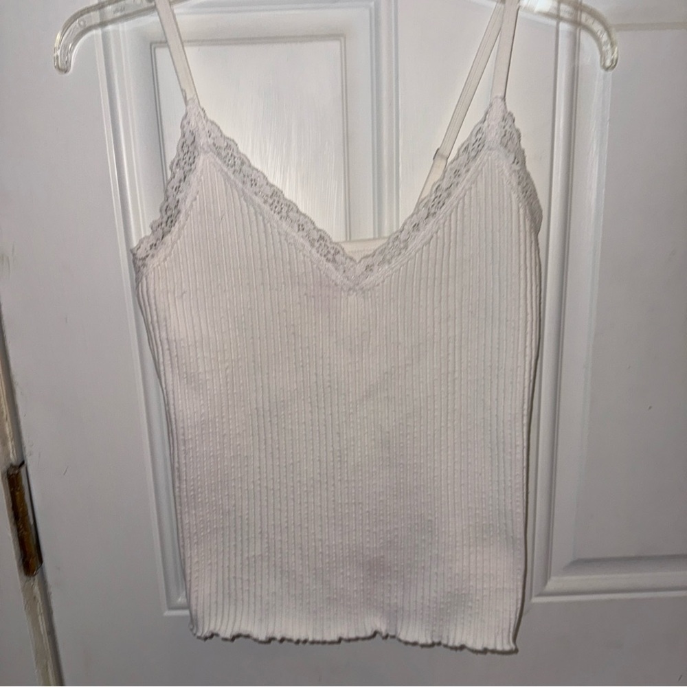 White Ribbed Camisole with Lace Detail